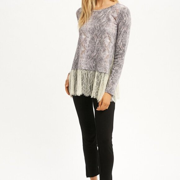 MYSTREE Gray Snakeskin Print Top with Cream Lace Hem Long Sleeve Boutique Blouse - Picture 3 of 8